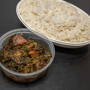 Steamed White Rice With Efo Riro (Vegetable Soup)